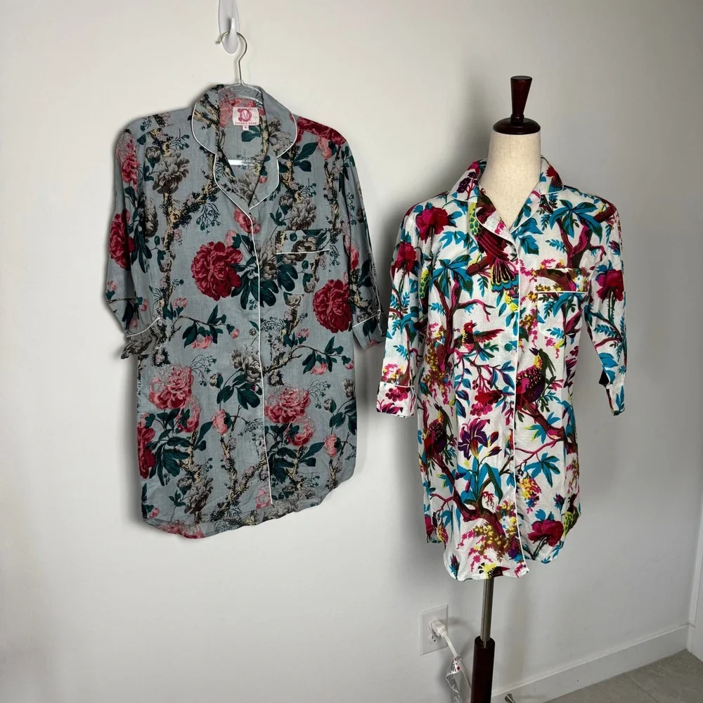 Lot of 2 Victoria Dunn Women's Cotton Sleep Shirt‎ Tropical Floral Print S